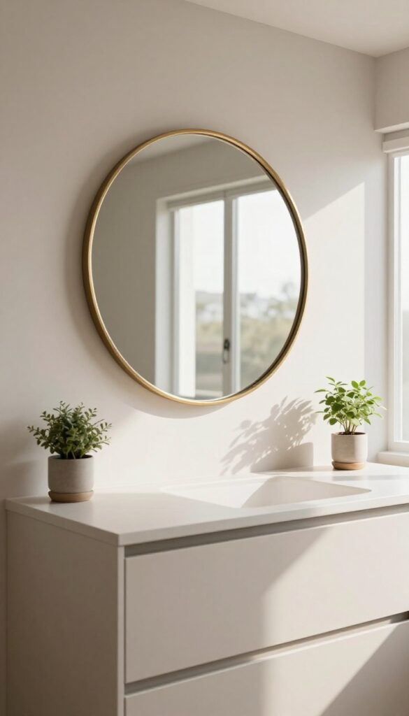 Round mirror with brushed brass frame on kitchen wall reflecting light, with plant and sconce below