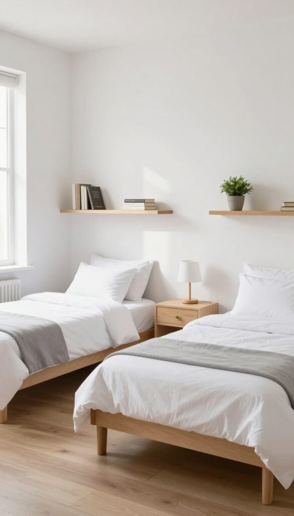 Two twin beds with wall-mounted shelves above instead of headboards, holding a lamp, book, and plant, in a bright minimalist guest room.