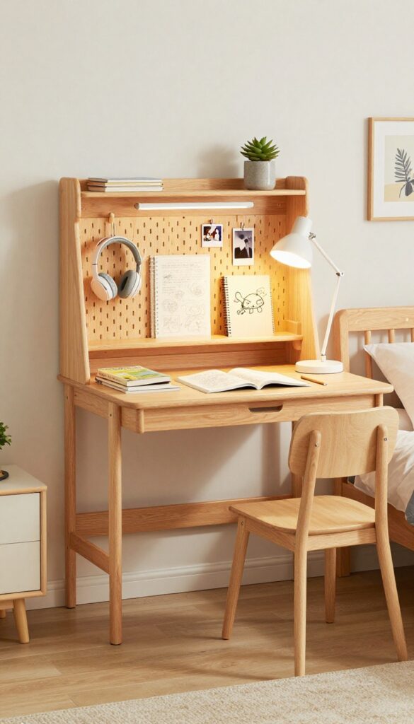 Teen boy's bedroom with wall-mounted desk and pegboard organizer, warm wood tones, natural light, clutter-free floor.