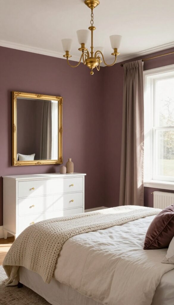 Deep mauve bedroom with gold accents, white bed, and natural light