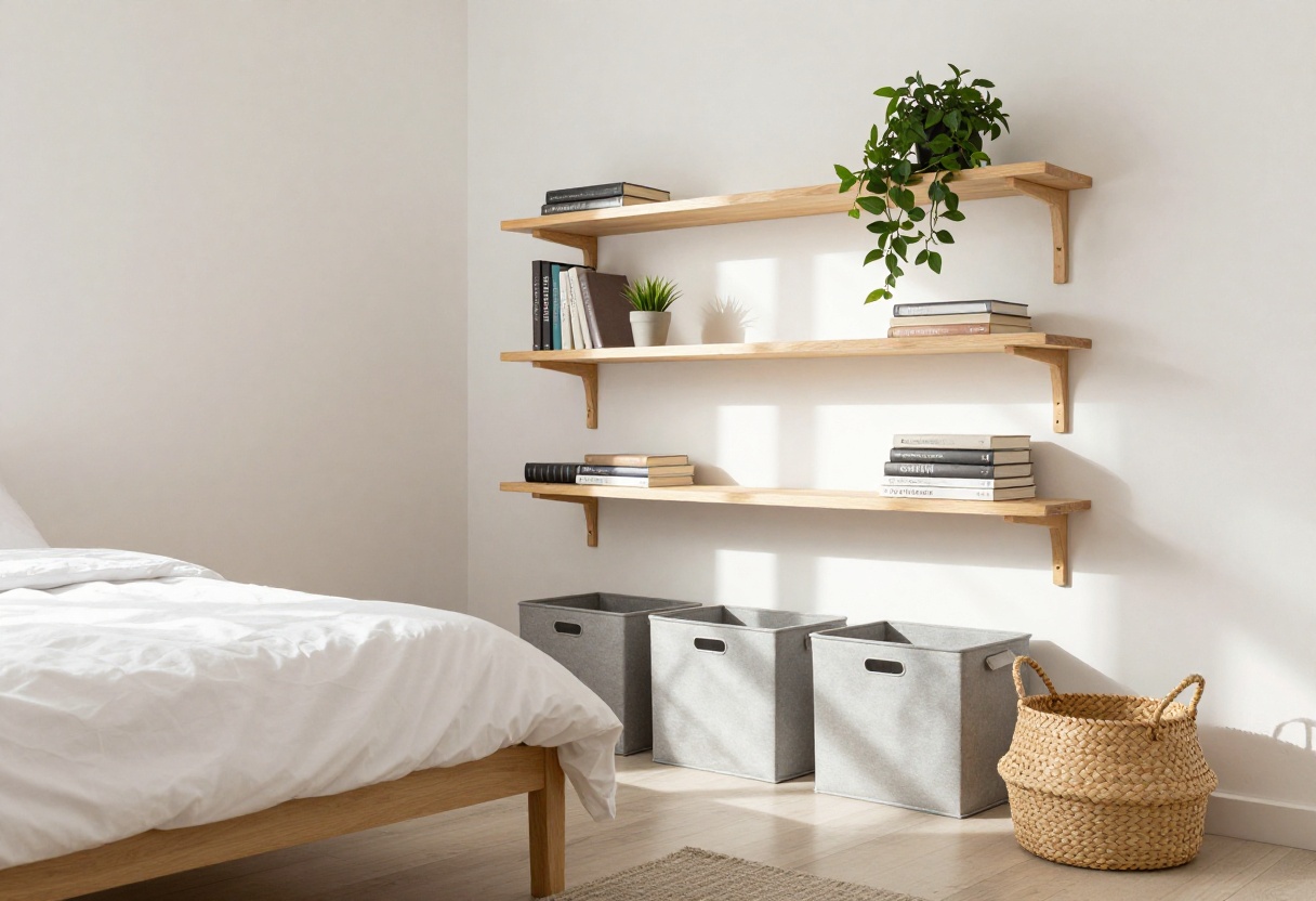 Small bedroom with floating shelves, under-bed storage bins, and a woven basket, bright and organized.