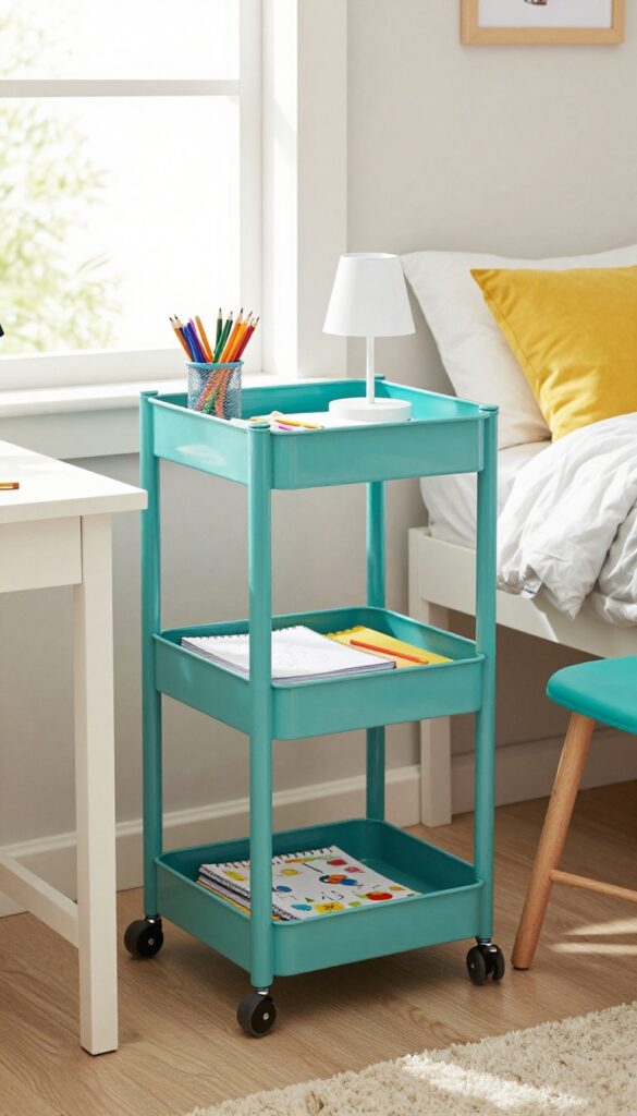 A teal three-tier rolling cart next to a desk in a bright girl's bedroom, organized with art and homework supplies.
