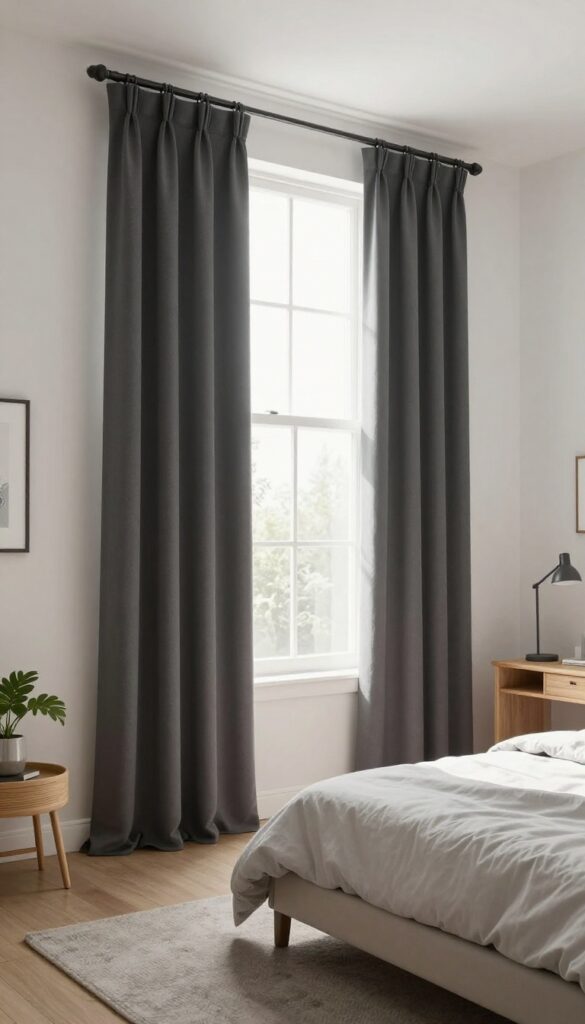 Preteen boy's bedroom with blackout curtains hanging high and wide over a bright window, creating a cozy sleep environment.