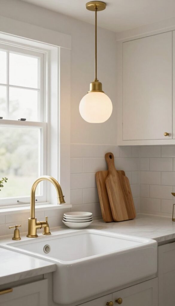 Warm brass pendant light above farmhouse sink in bright kitchen with subway tile and window