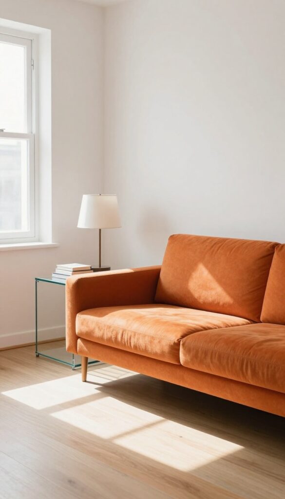 Orange sofa with glass side table in a light, airy living room