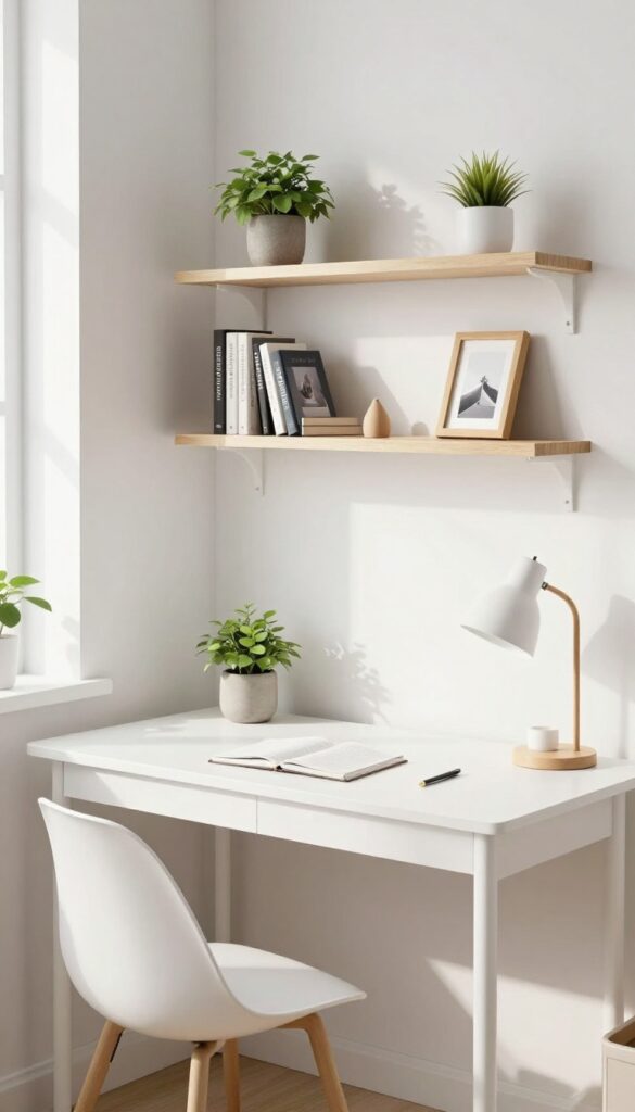 Floating shelves over a desk in a modern boy's bedroom with clean lines and natural light