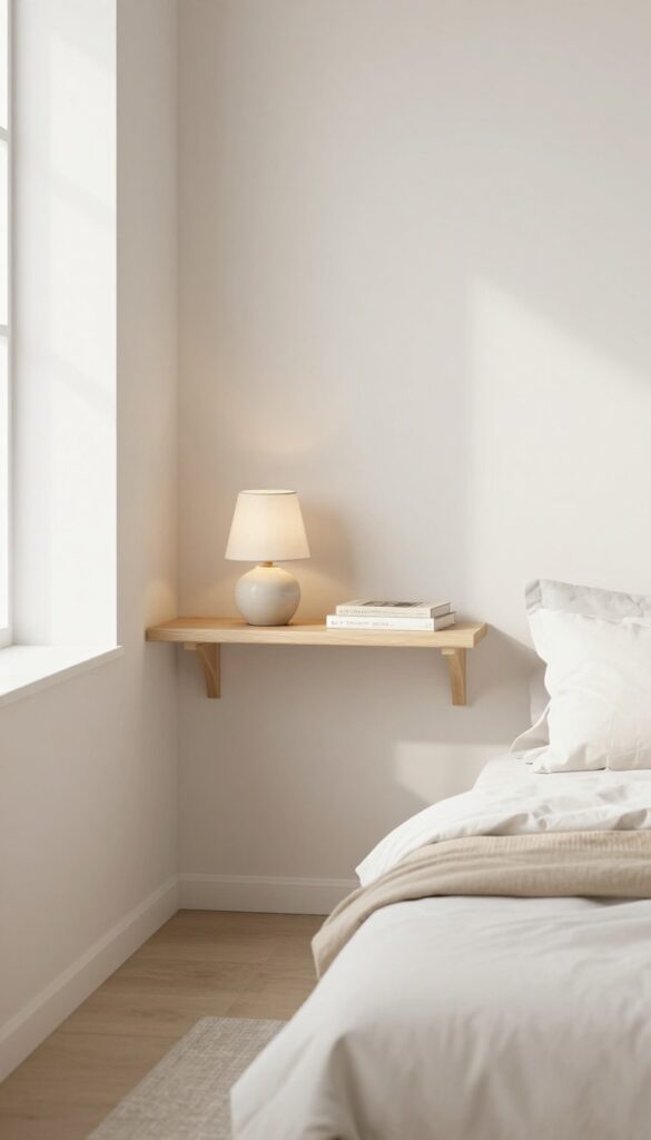 Slim floating shelf nightstand with lamp and book in calm, airy small bedroom with layered bedding