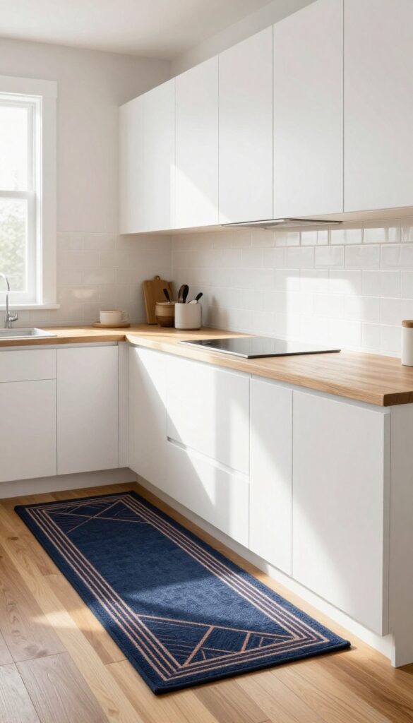 Modern single wall kitchen with layered rugs adding warmth and color