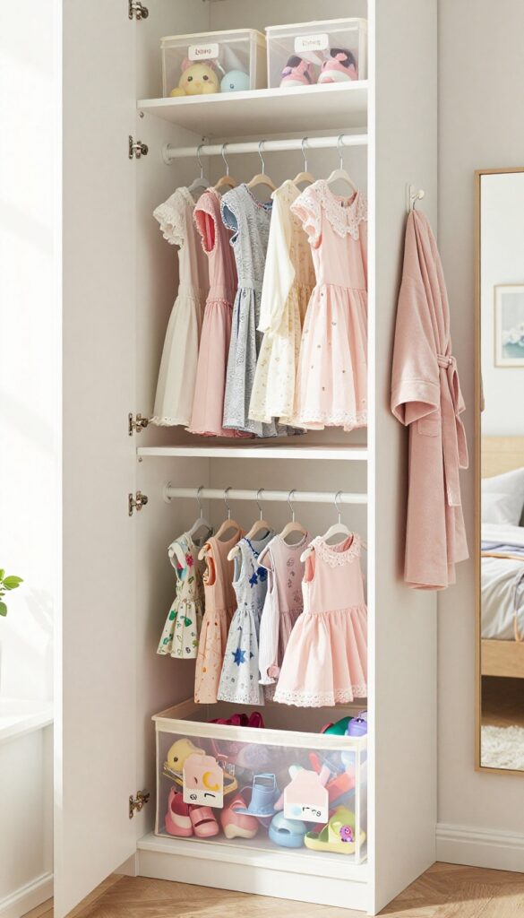 Organized girls closet with adjustable shelves, pull-out bins, lowered hanging rod, and mirror on door.