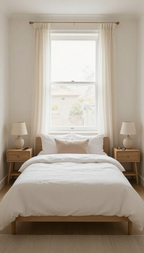 Small bedroom with dual slim nightstands, each with lamp and personal items, symmetrical layout, bright natural light