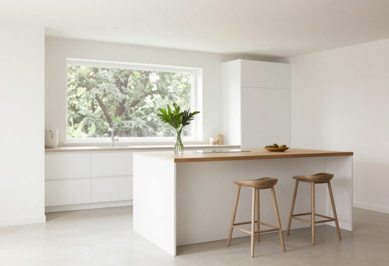 Modern kitchen with a slim horizontal pass through opening onto a dining area, featuring bar stools and natural light.