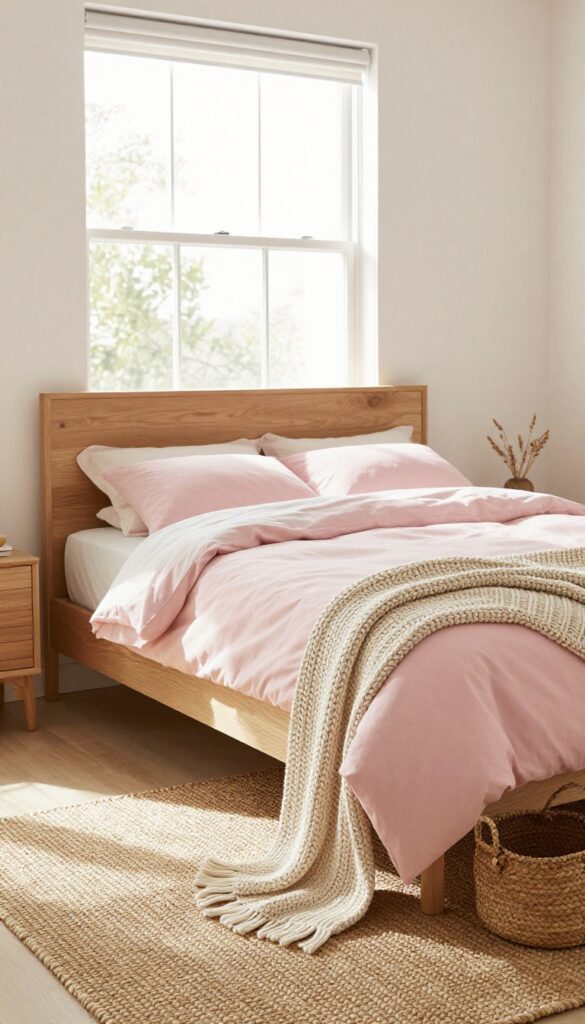A pink girls bedroom with warm wood furniture, woven baskets, and jute rug, creating a grounded and cozy feel.