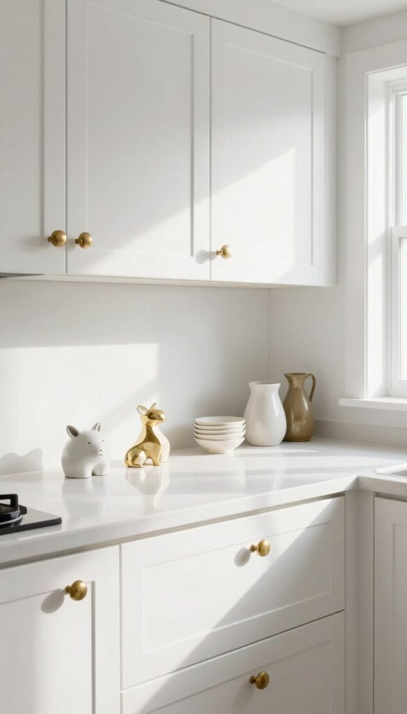 White kitchen cabinets with an eclectic mix of quirky knobs and pulls including geometric brass, ceramic animals, and vintage glass in bright natural light.