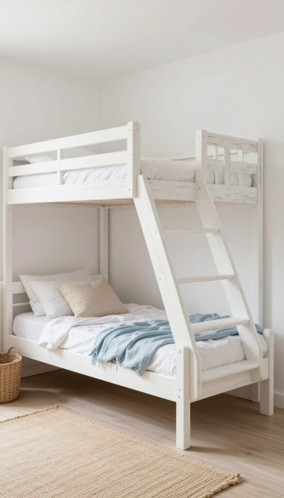 Whitewashed wood bunk bed with open ladder in a light and airy shared bedroom