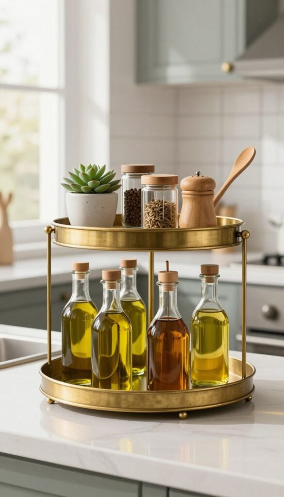 Tiered brass wire tray on kitchen counter with oil bottles and spice jars, natural light, organized and cozy.