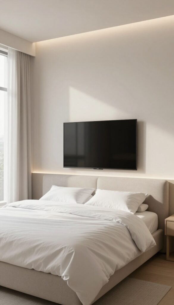 Custom headboard wall with TV recessed into a nook, soft neutral upholstery, LED backlighting, bright natural light, cozy bedroom.