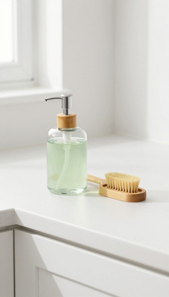Clear glass soap dispenser with bamboo pump on kitchen counter, filled with sage green soap, next to bamboo brush and wooden tray, white cabinets in background.