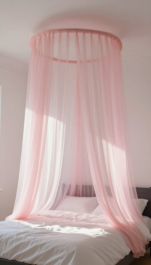 Pink sheer canopy draped over black bed in a bedroom with black walls, creating a romantic and cozy atmosphere.