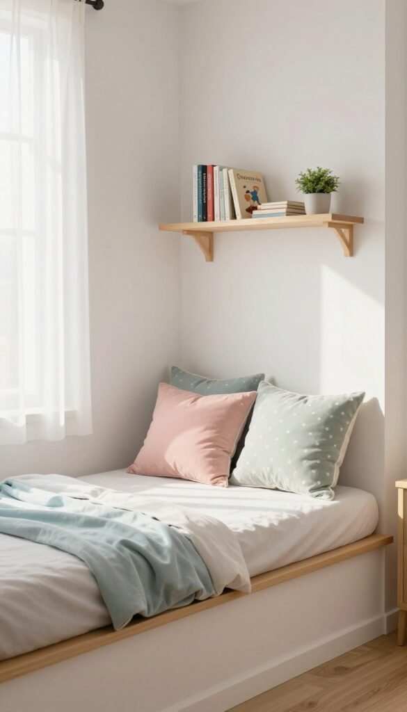 Two girls' bedroom with shared reading nook featuring personal pillows and a small bookshelf