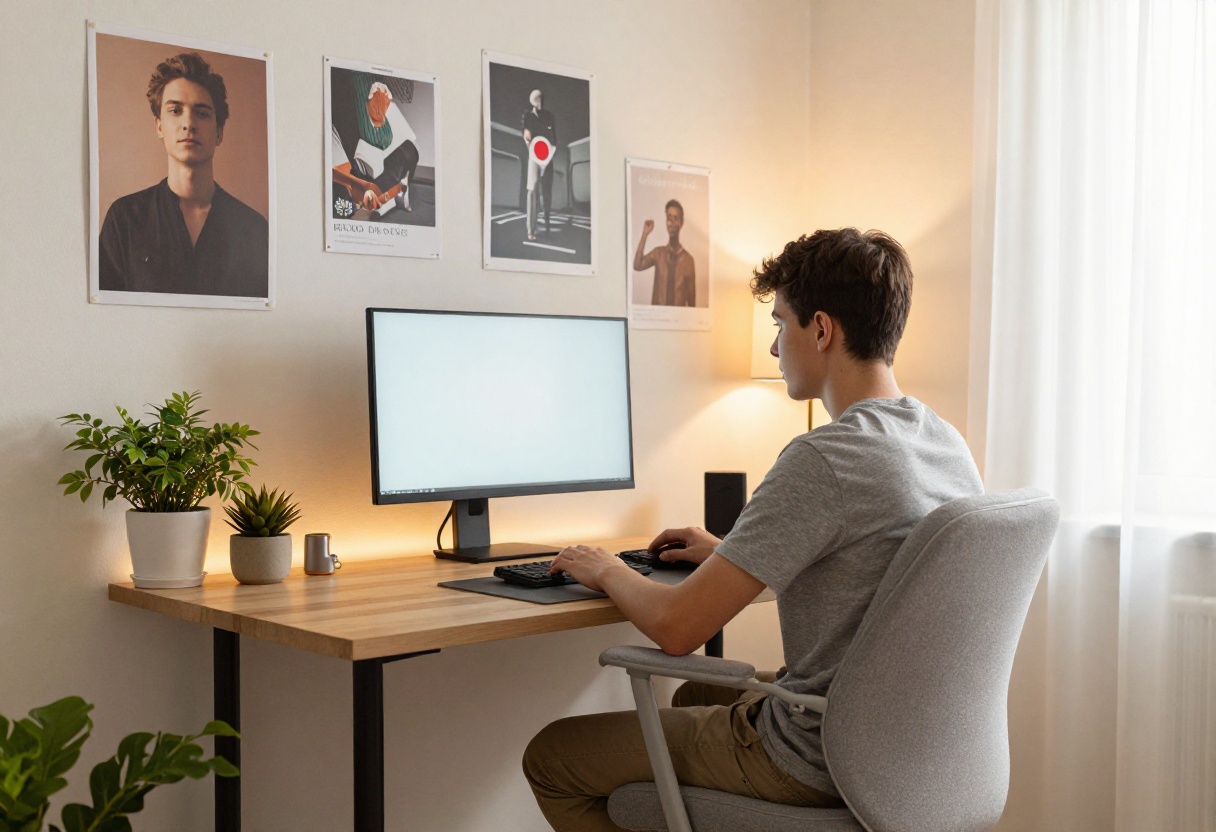 Cozy boys gamer bedroom with sleek desk setup and warm lighting