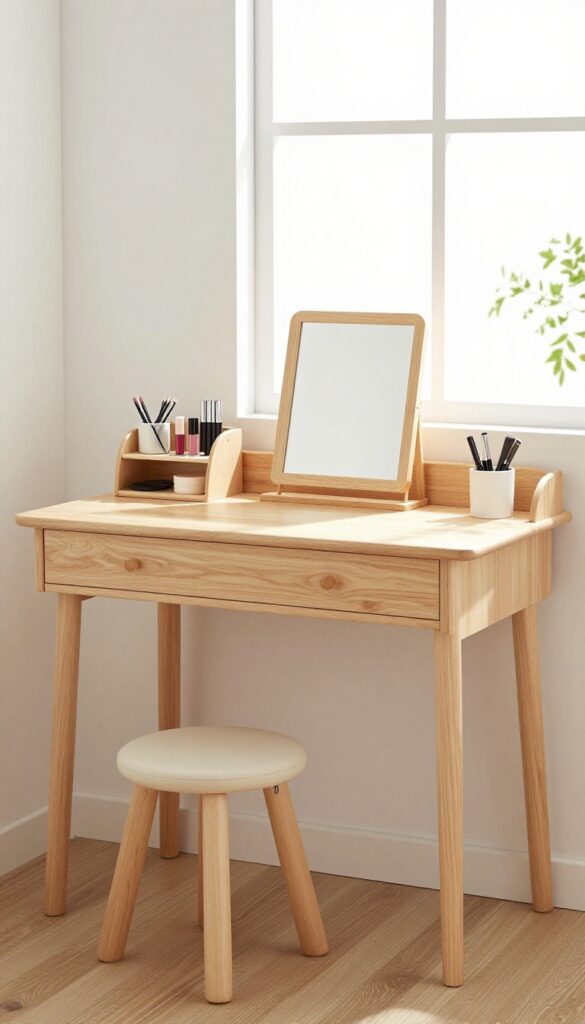 Multi-functional desk and vanity in a girl's bedroom with mirror and organizers.