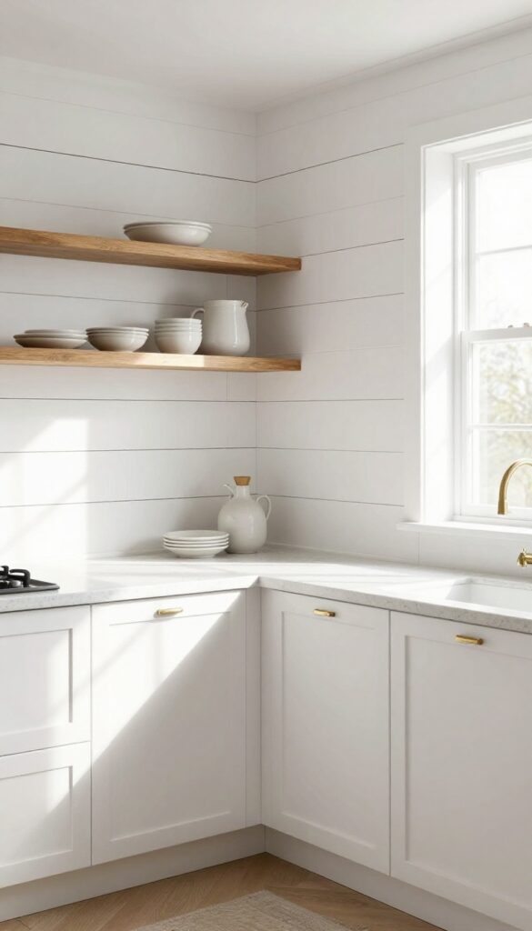 White shiplap backsplash with dark grout in a bright farmhouse kitchen