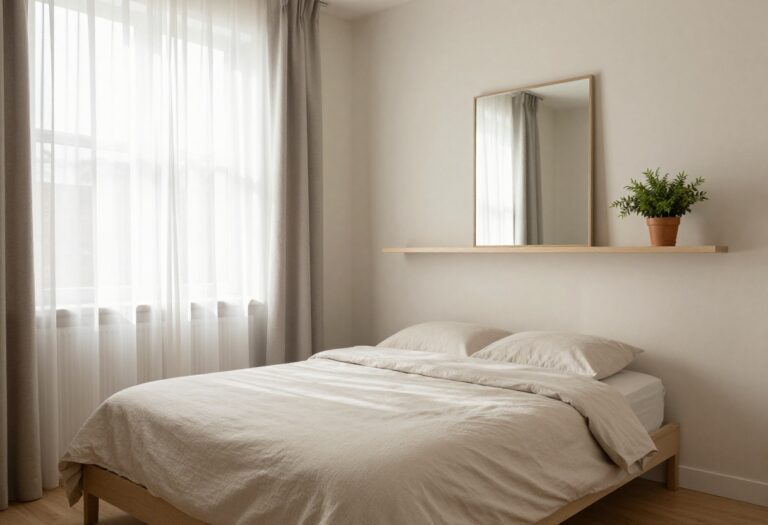 Small adult bedroom with neutral decor, low bed, floating shelves, and natural light