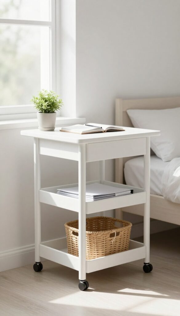 A small bedroom with a white desk and a three-tier rolling cart underneath, holding office supplies and a plant.