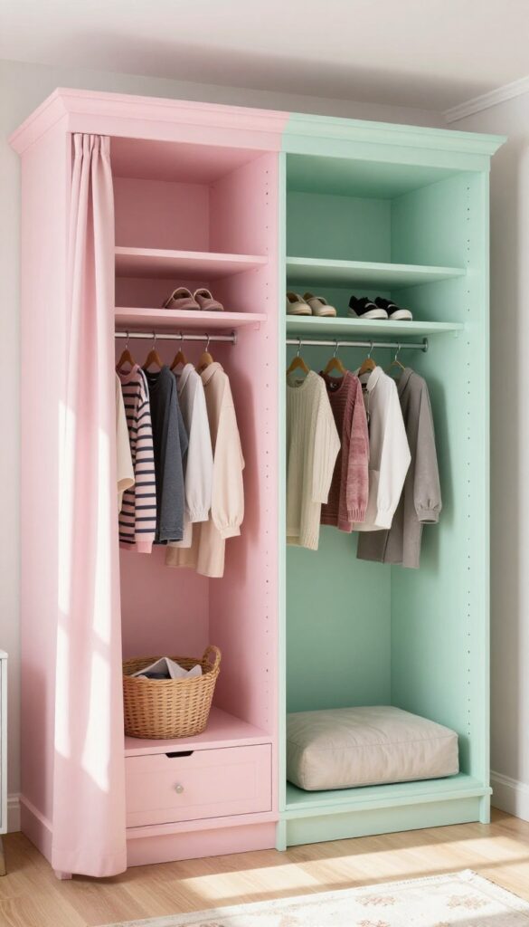 Shared wardrobe with color-coded sections in blush pink and soft mint, with bench and organized clothes in bright girls bedroom.