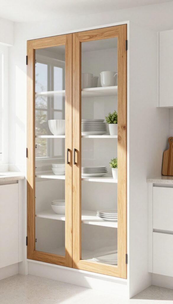 Modern kitchen with wood-framed glass cabinet doors, white dishes inside, natural light.