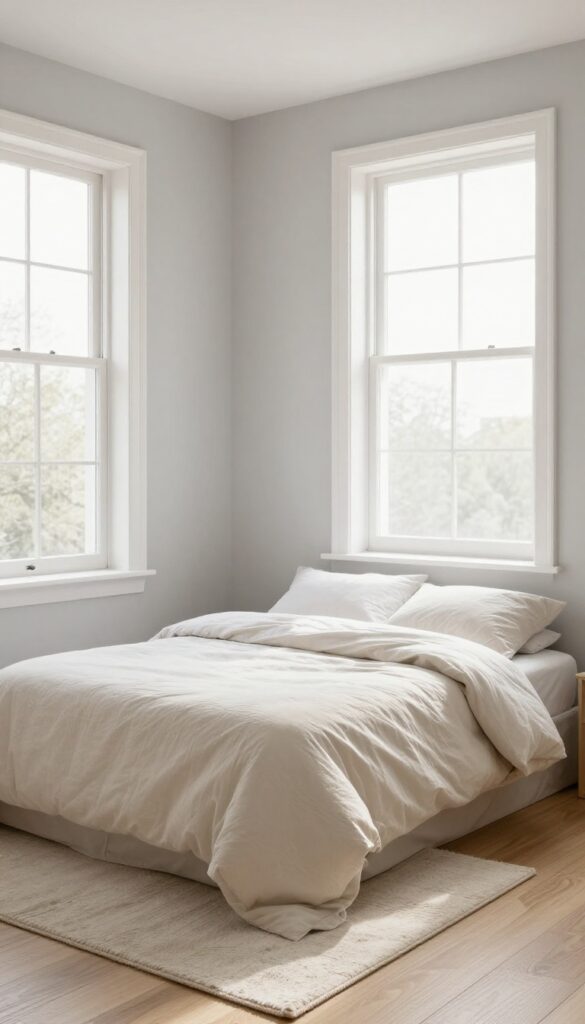 Small bedroom with light cream rug under a bed with layered neutral bedding, pale gray walls, and natural light.