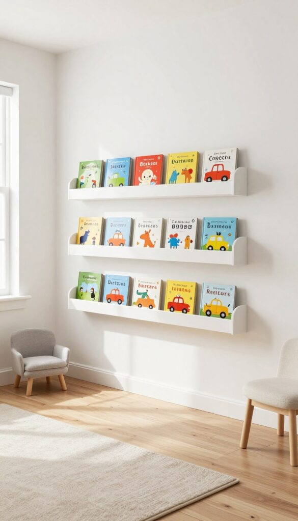 Wall-mounted book ledges with front-facing children's books in a bright baby boy bedroom