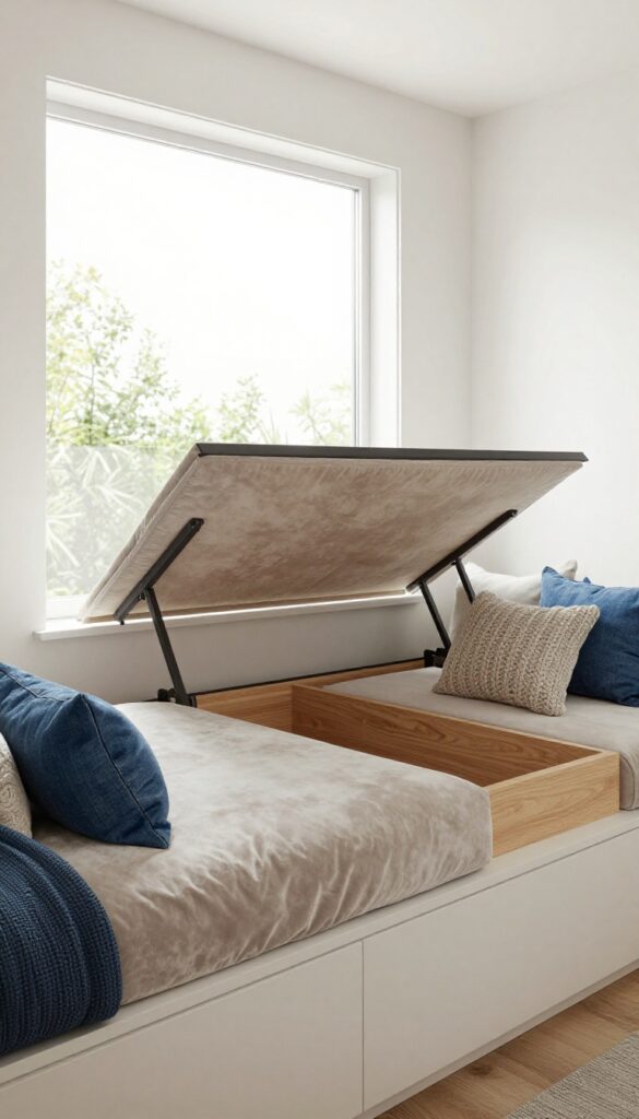 Two boys bedroom with window seat and hidden storage, bright natural light, clean design.