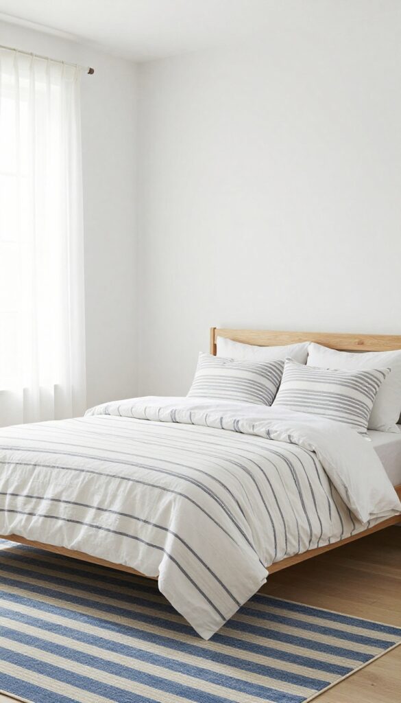 Beach bedroom with subtle striped bedding and coastal decor