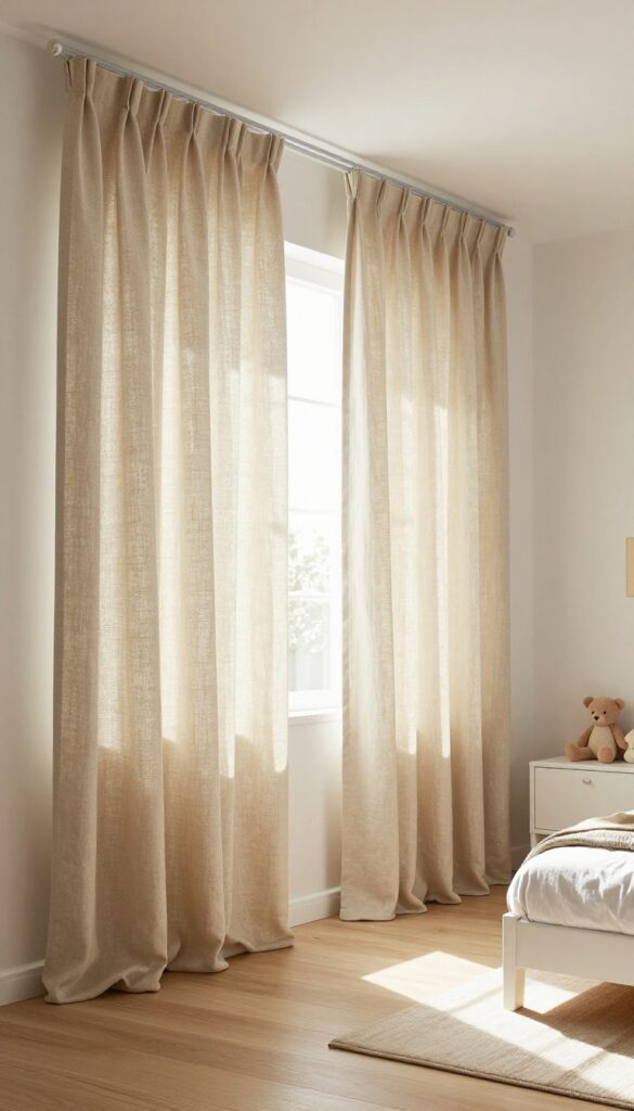 Cozy kids bedroom with floor-to-ceiling oatmeal linen curtains, natural light, wooden floor, white bed, plush toys.