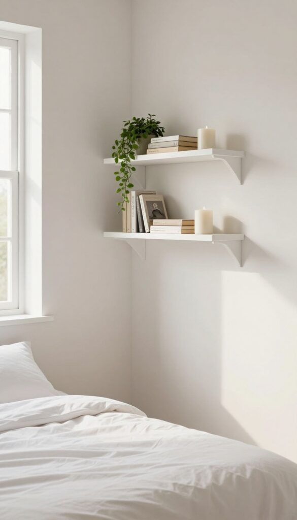 Corner shelving in a bright bedroom with books and a plant, creating vertical storage.