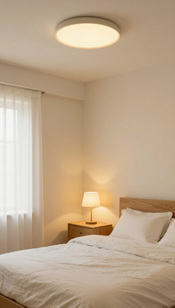 Small bedroom with layered warm lighting from ceiling light, bedside lamp, and floor lamp, creating a spacious and inviting atmosphere.