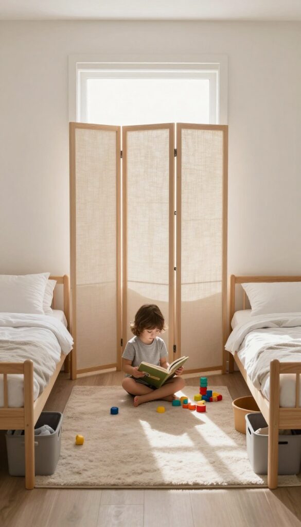 Folding screen dividing a shared kids bedroom into two private zones