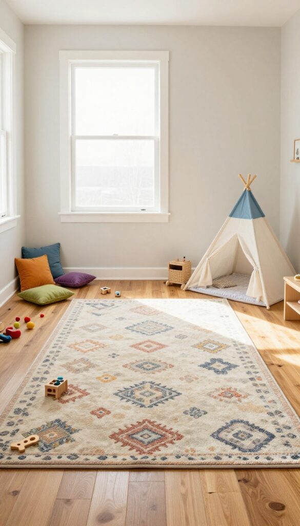 A large geometric rug defines a play area in a bright kids' shared bedroom with hardwood floors, toys, and a play tent.
