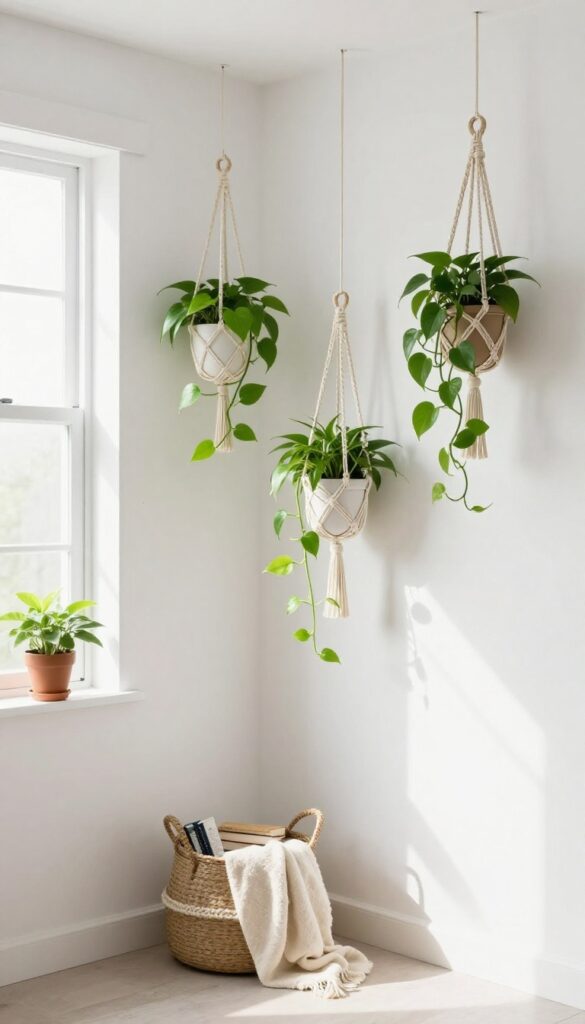Hanging plant corner with macrame holders in a small bedroom