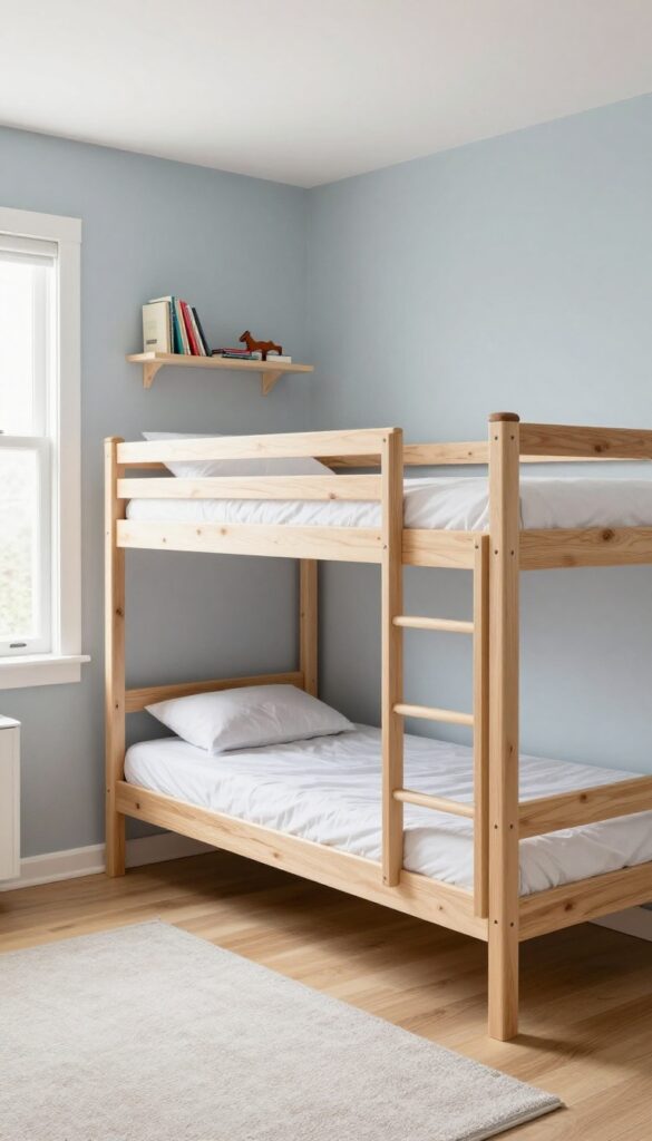 Corner bunk bed with shared shelving in a bright, airy boys' bedroom