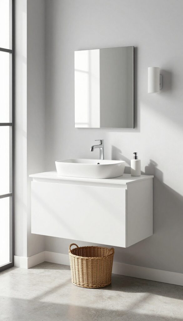 Bright powder room with floating white vanity, vessel sink, and woven basket underneath, modern and airy design.