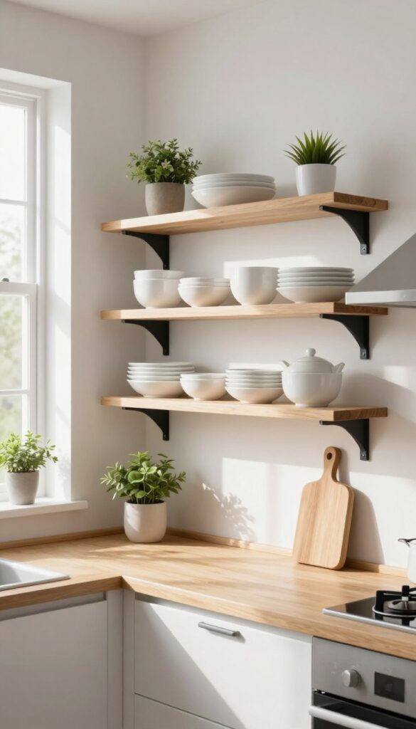 Open shelving with light wood and black brackets in a bright kitchen, displaying white dishes and a plant.