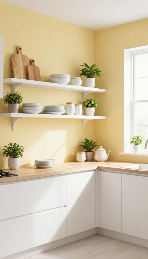 Bright kitchen with a soft yellow accent wall and floating shelves styled with white dishes, wood accessories, and green plants.