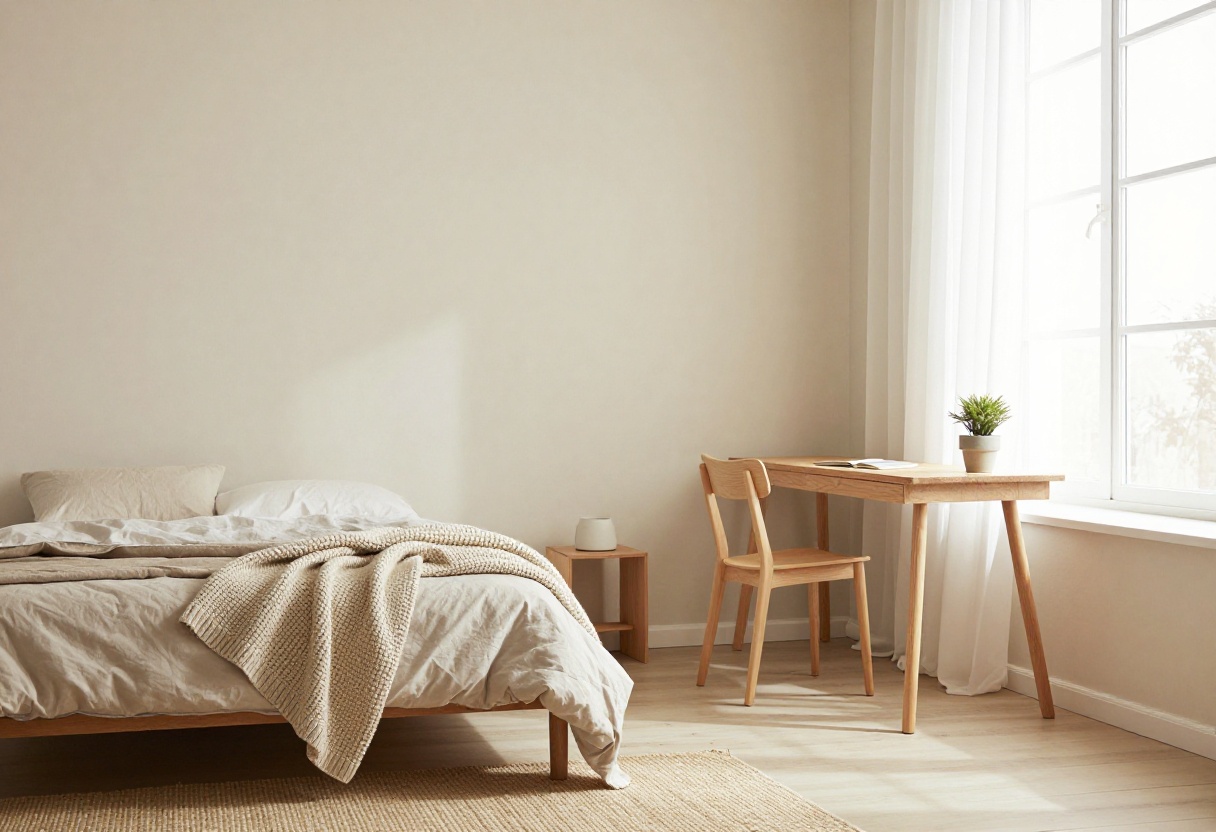 Cozy guest bedroom office with layered bedding and a desk by a window