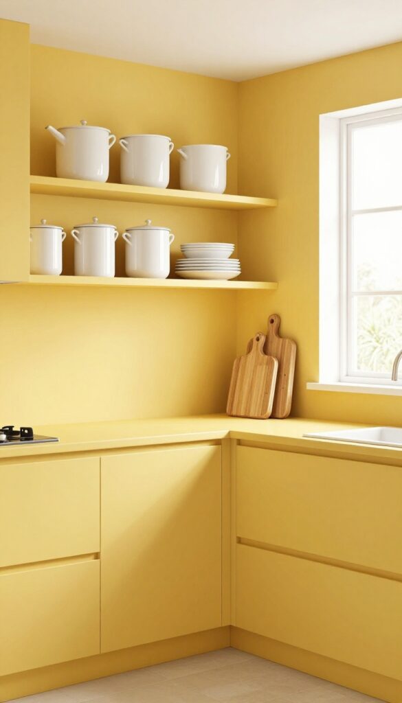 Bright kitchen with mustard yellow open shelving displaying white dishes and wood accents