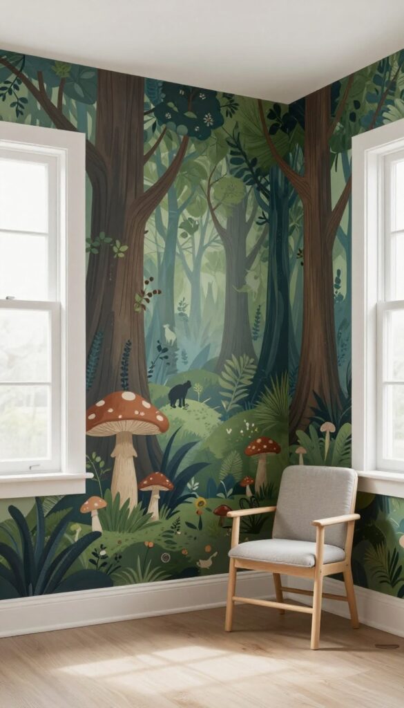 Girl's bedroom with enchanted forest mural on one wall, neutral furniture, and cozy reading nook.