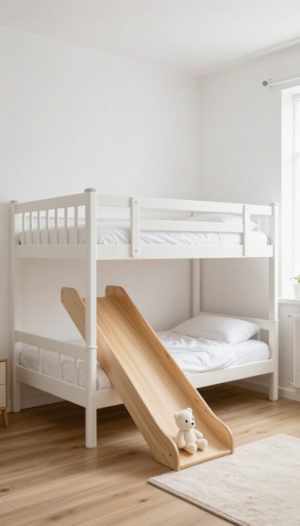 Bunk bed with a slide in a light and airy small bedroom