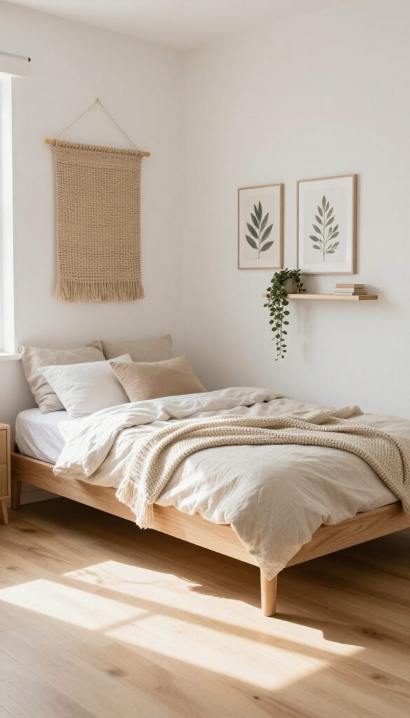 Small bedroom with low-profile bed frame, layered neutral bedding, woven wall art, and natural light.