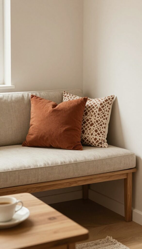 Cozy breakfast nook with custom built-in bench and fitted oatmeal cushions, rust and geometric pillows, warm natural light.